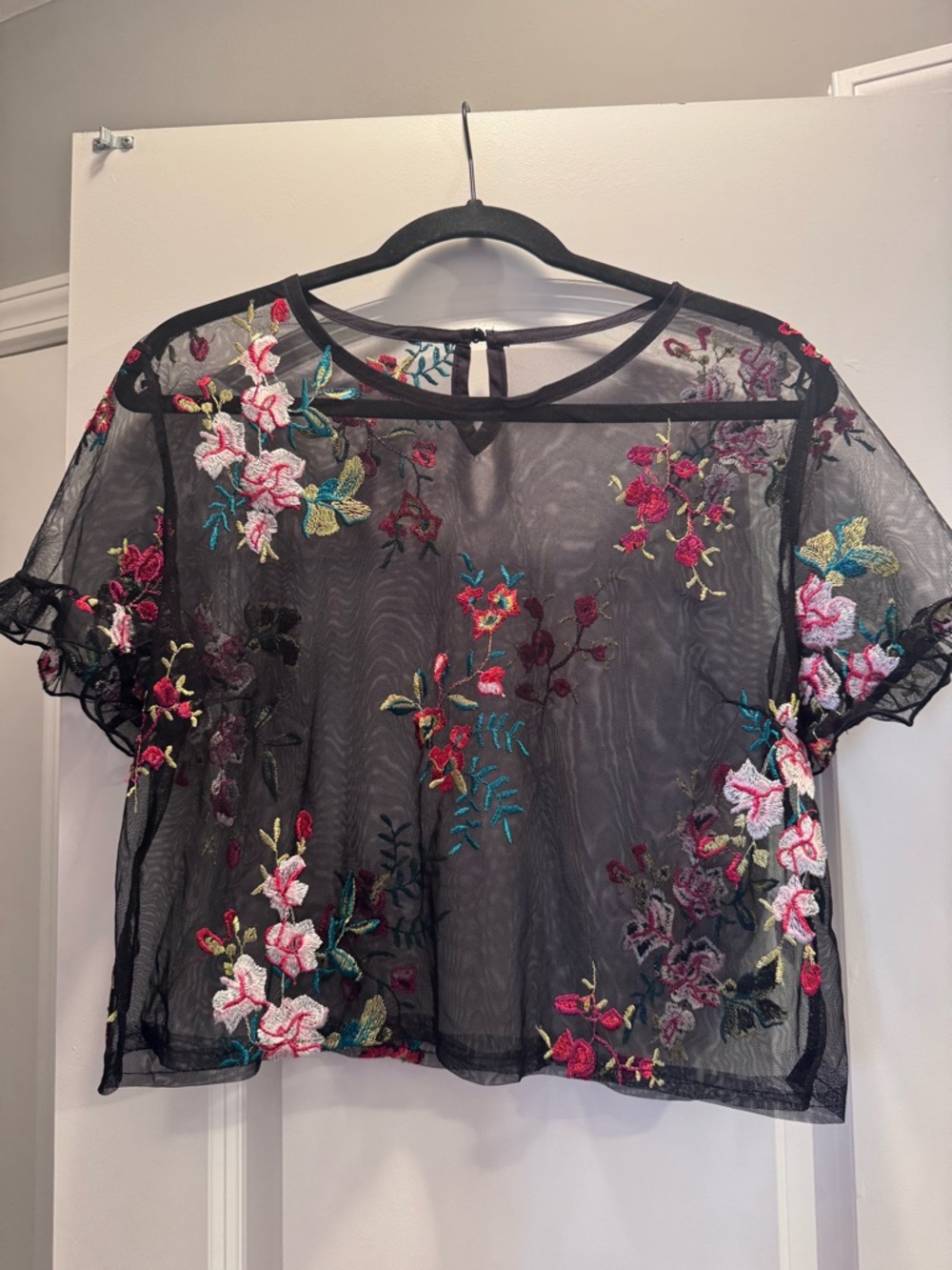 SHEIN Black Sheer Embroidered Floral Crop Top
